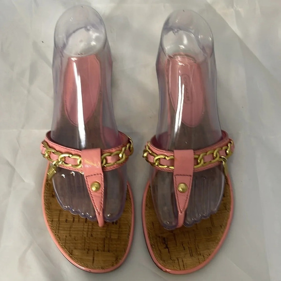 COACH Rizzo Pink Gold Chain Thong Sandals Cork Footbed Leather Sole As Is 7.5B - Picture 7 of 12